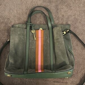 Fossil Green Suede Crossbody Bag with Stripes
